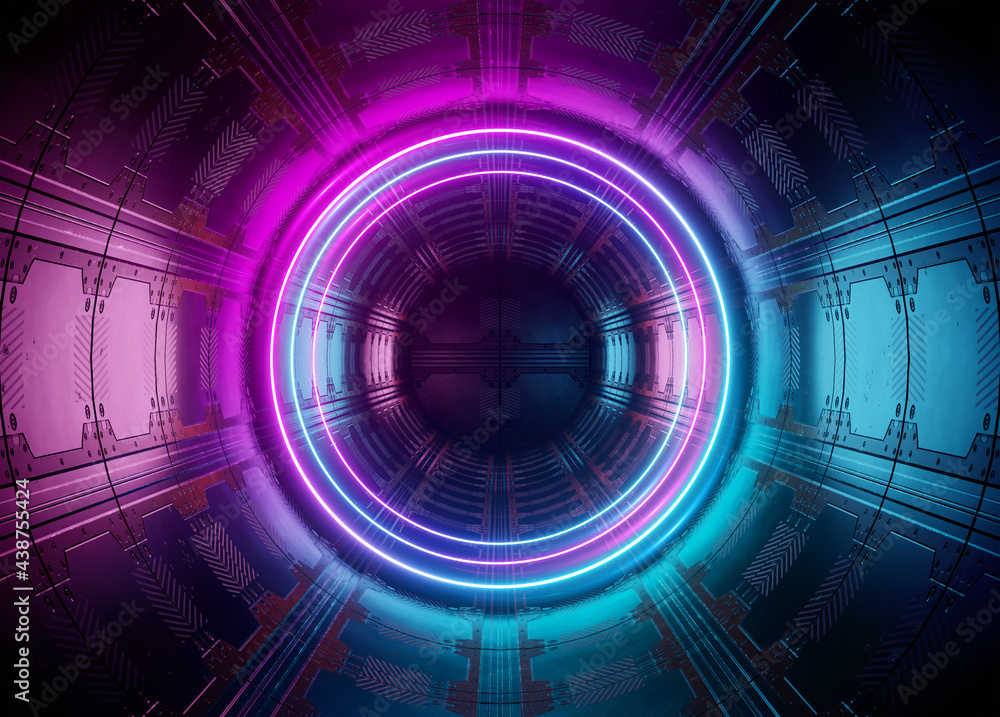 Neon style circle mockup in futuristic piping. Blue and pink modern hologram illuminated by lights in futuristic interior 3D rendering Neon style circle mockup in futuristic piping. Blue and pink modern hologram illuminated by lights in futuristic interior 3D rendering