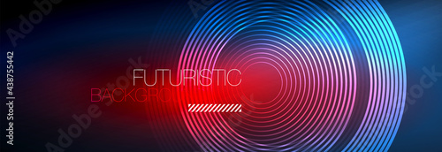 Dark abstract background with glowing neon circles. Trendy layout template for business or technology presentation, internet poster or web brochure cover, wallpaper