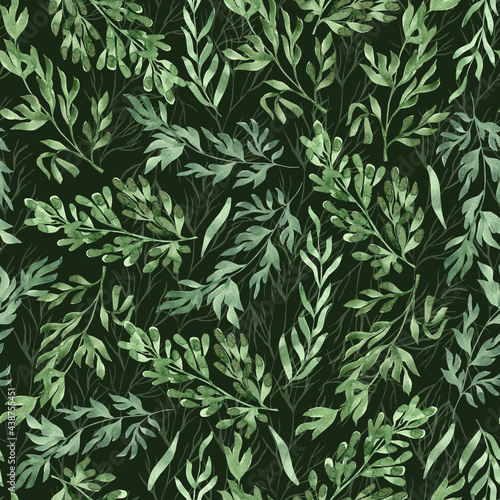 Watercolor seamless pattern herbs and leaves. Hand painted illustration on dark green. Great for fabrics, wrapping papers, wallpapers, covers. Beautiful textile print