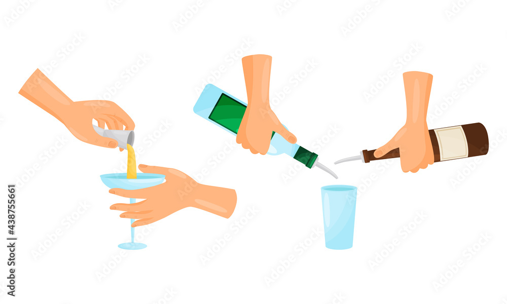 Bartender Hands Pouring and Mixing Cocktails in Glass Vector Set Bartender Hands Pouring and Mixing Cocktails in Glass Vector Set