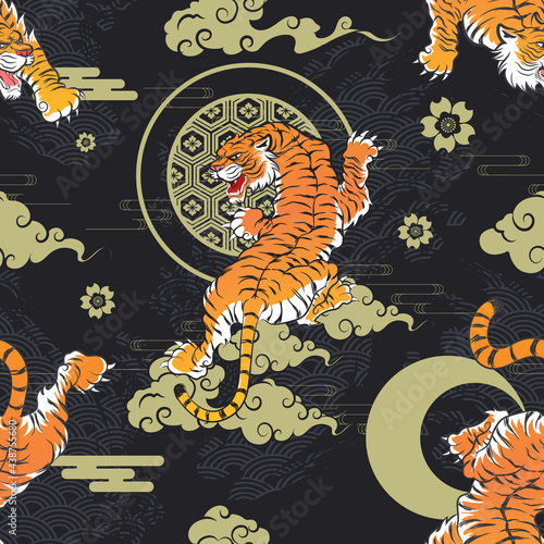 Seamless Pattern Tiger Climbing Up with Sakura Flowers Icon Surrounded with Curvy Cloud on Water Wave Brush Stroke GBlack  Background Vector Design Template for Wrapping Paper