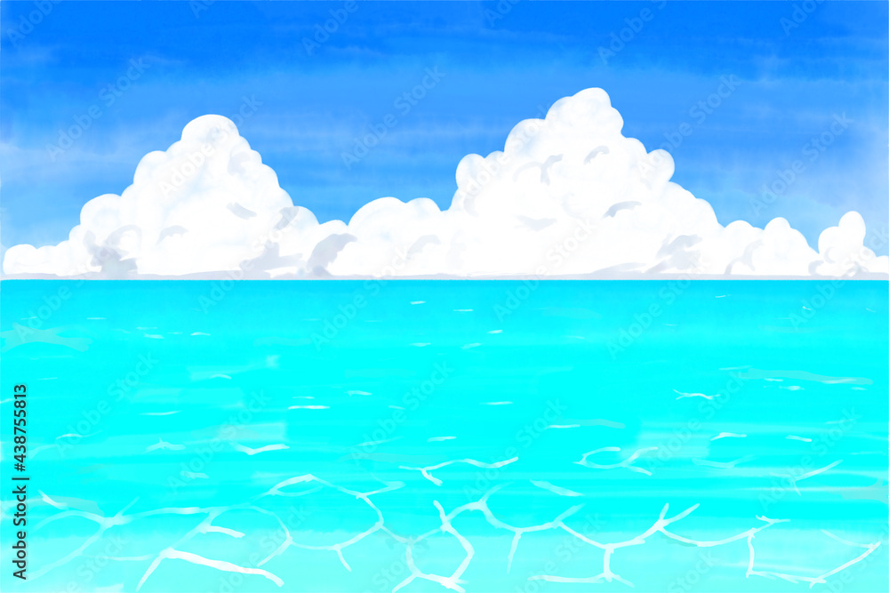 水彩風 夏のエメラルドグリーンの海と空と入道雲 水彩風 夏のエメラルドグリーンの海と空と入道雲
