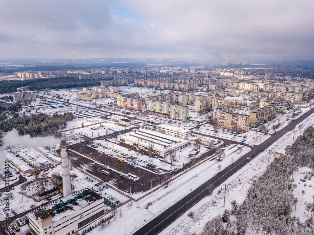 Aerial photo from drone of winter small city in Ukraine. Winter city scape