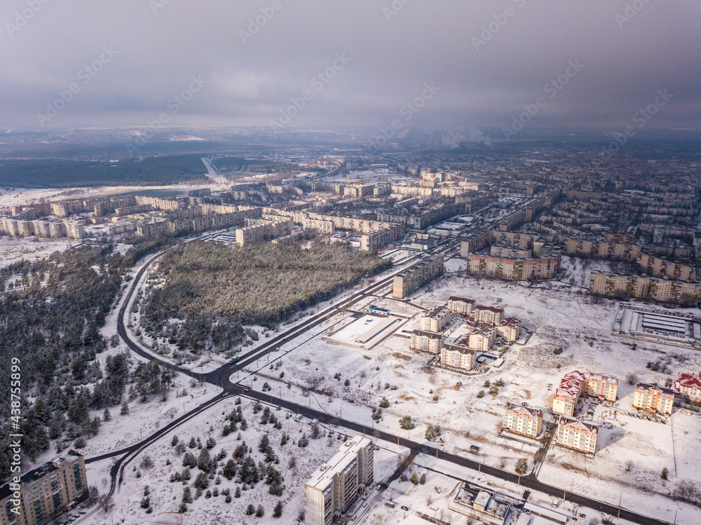 Aerial photo from drone of winter small city in Ukraine. Winter city scape