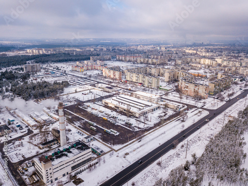 Aerial photo from drone of winter small city in Ukraine. Winter city scape