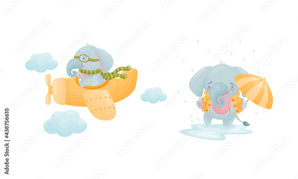 Cute Blue Elephant Character Flying Plane and Walking Under Umbrella in Rainy Day Vector Set Cute Blue Elephant Character Flying Plane and Walking Under Umbrella in Rainy Day Vector Set