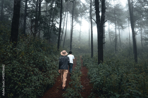 man walking in the forest in the rainy season © artrachen