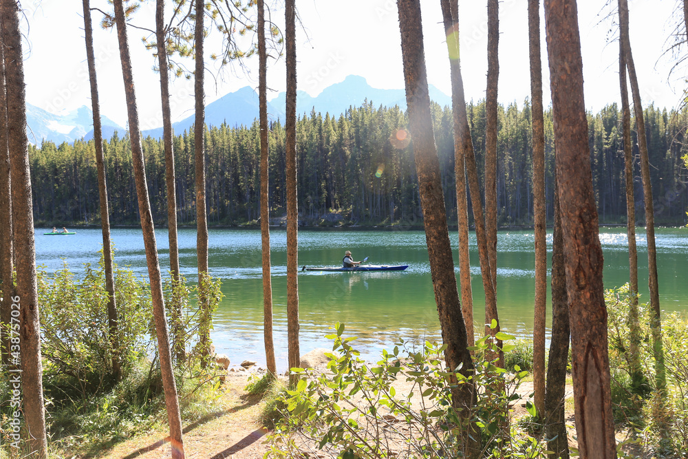 A man kayaking in a lake on a sunny day, trees in foreground. Photo taken from Icefields Parkway, Canada