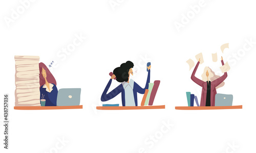 Businesswoman in Formal Suit at Work Place Sleeping and Throwing Documents Vector Set