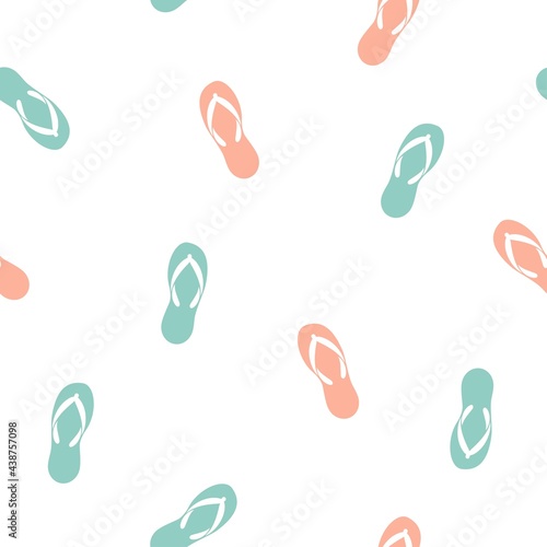 Seamless ornament with blue and peach slippers on white background.