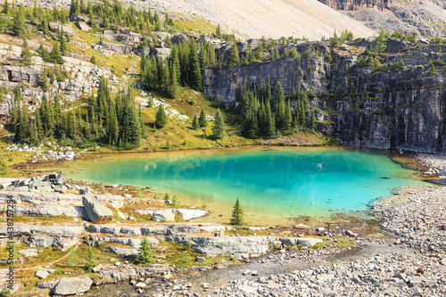 lake with water in Emerald color. Photo taken in a sunny morning along Alpine Loop trail near Lake Oesa, Yoho National park photo