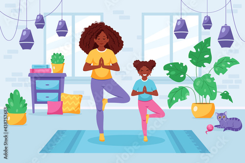 Black woman doing yoga with daughter in cozy interior. Family spending time together. Vector illustration
