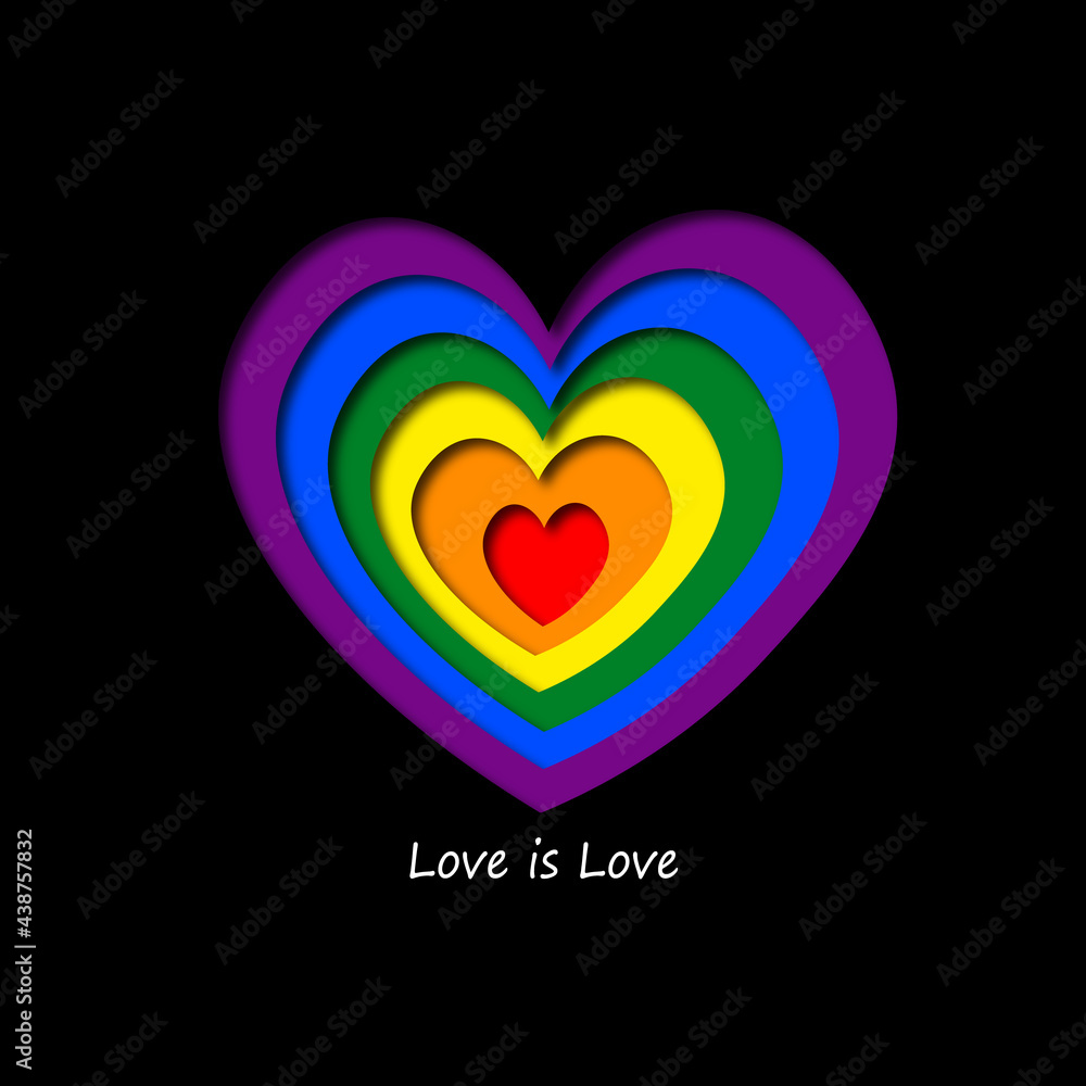 Love is Love LGBT Pride Rainbow  Colors Heart Isolated on Black Background