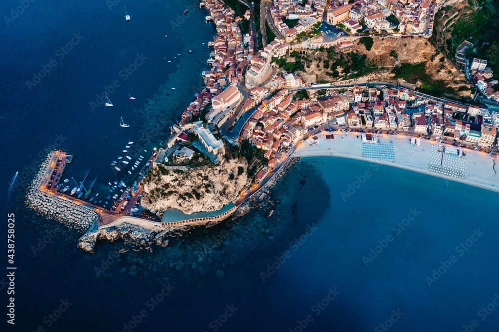 Aerial view of Scilla by night. Calabria, Italy.