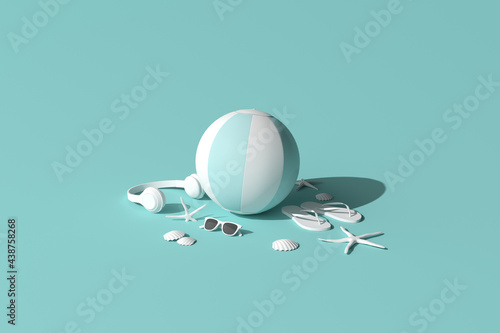Mock up of green summer beach concept. Summer accessories, headphone, sunglasses, starfish, shell, inflatable ball and flip-flop on green background. 3D rendering.