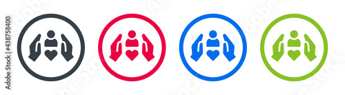 Hand with person on heart icon. Love, care and protection concept