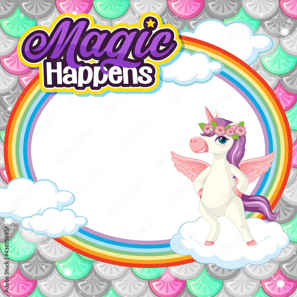 Obraz premium Empty banner with cute pegasus cartoon character on pastel mermaid scales