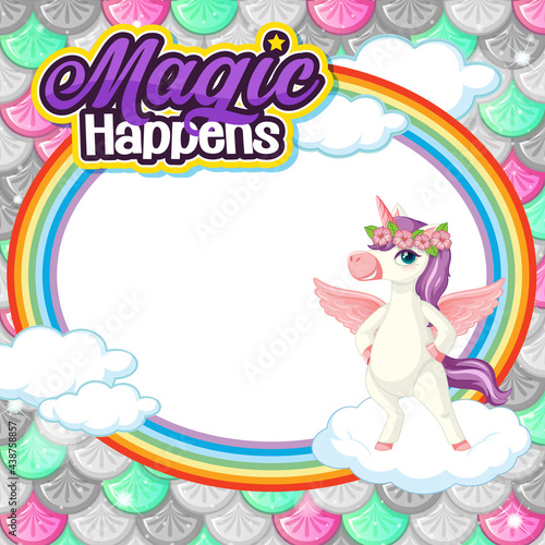 Empty banner with cute pegasus cartoon character on pastel mermaid scales