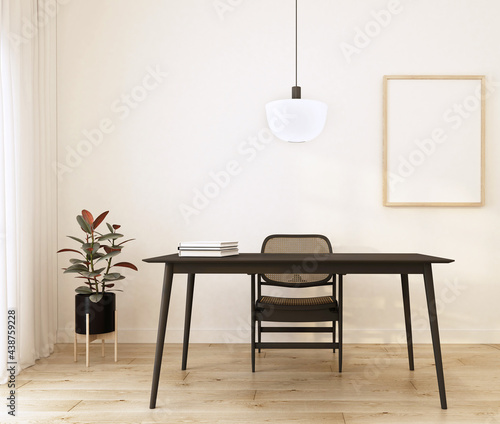 home interior cozy working area with rattan chair and black working table,book,rubber plant,ceiling lamp,3d rendering.