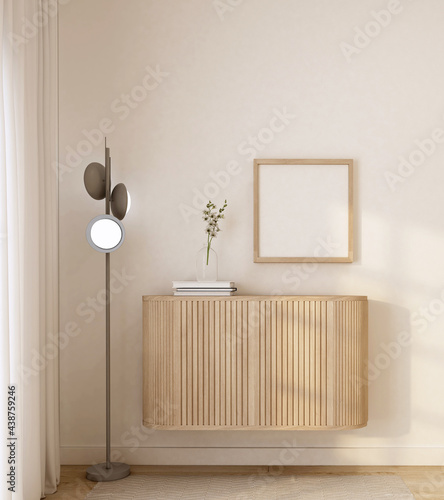 home interior decorate cabinet with floor lamp,tree,book,carpet,wood frame on white wall 3d rendering.