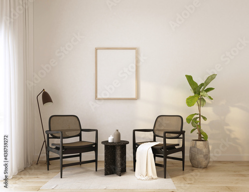 home interior relax space with rattan chair,floor lamp,indoor tree,carpet,terrazzo coffee table 3d rendering.