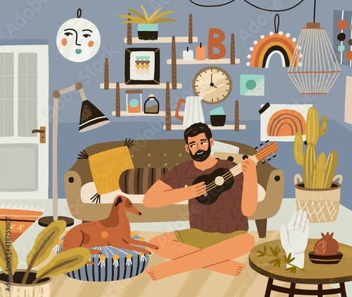Young man playing music on ukulele, sitting in cozy living room with dog. Guy with small guitar at modern home. Person resting with musical instrument and pet. Colored flat vector illustration