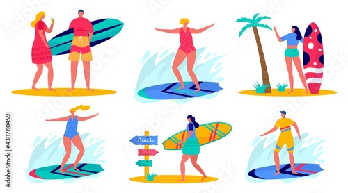 Concept of people surfing with surfboards. Young women amd men enjoying vacation on the sea, ocean, beach bar.