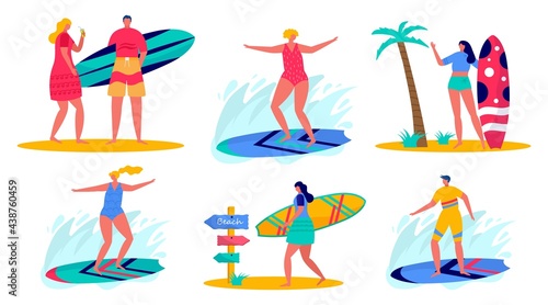 Concept of people surfing with surfboards. Young women amd men enjoying vacation on the sea, ocean, beach bar. © Tanyasun