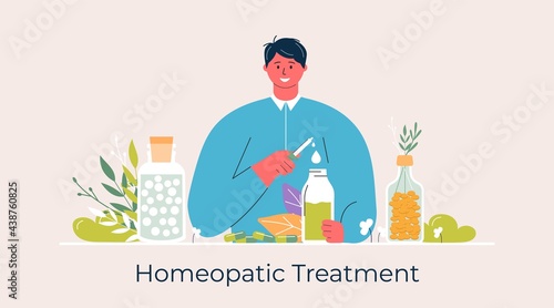 Cartoon people prepared organic natural homeopathic pills in glass jars. Homeopathy treatment banner, poster, herbal alternative medicine, pharmacy, food supplement. flat vector