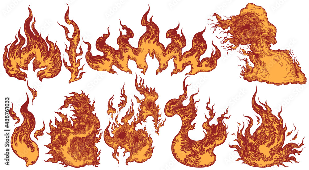 Set flame and fire in vintage style hand drawn Vector Image