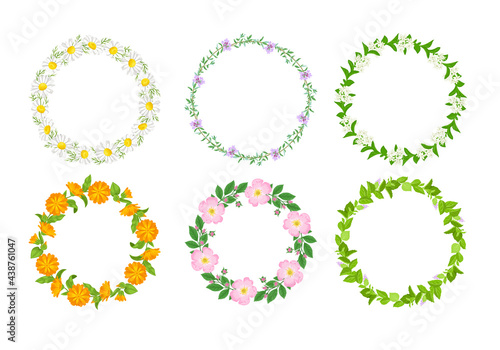 Floral wreaths set. Round frame with calendula, chamomile, stevia, thyme, rosehip and mint. Wild herbs and flowers. Vector illustration of medicinal plants in cartoon flat style.