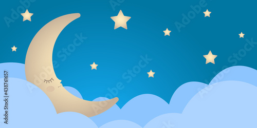 Moon in the clouds and stars. Vector illustration. Twinkling moon and stars. Can be used as flyers, posters, banners, brochures, web. Cartoon style. 