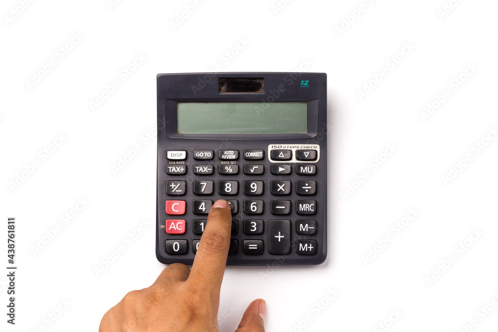 Black calculator on white background isolated stock image. Black calculator on white background isolated stock image.