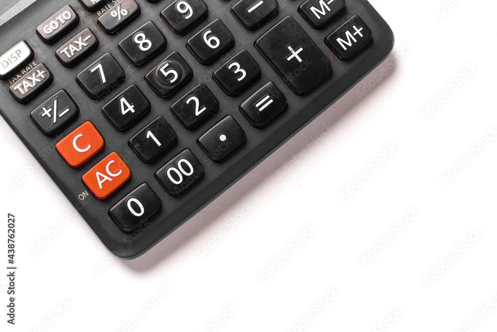 Black calculator on white background isolated stock image. Black calculator on white background isolated stock image.