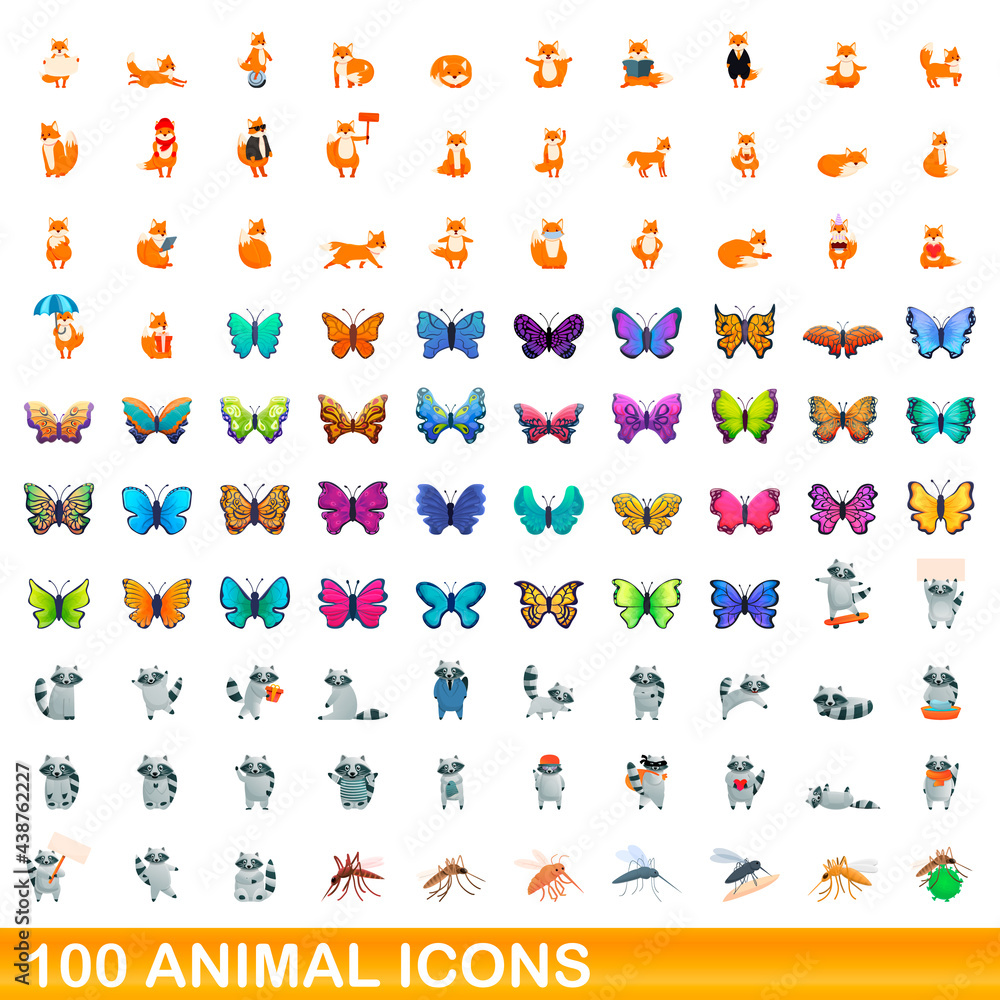 100 animal icons set. Cartoon illustration of 100 animal icons vector set isolated on white background