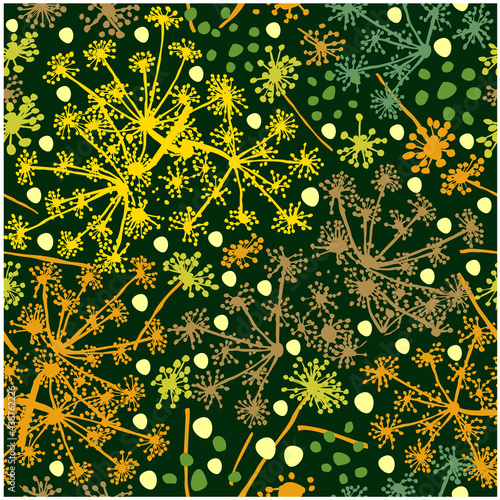 Vector seamless pattern with sprigs of blooming dill on dark-green background.