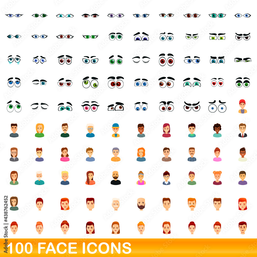 100 face icons set. Cartoon illustration of 100 face icons vector set isolated on white background