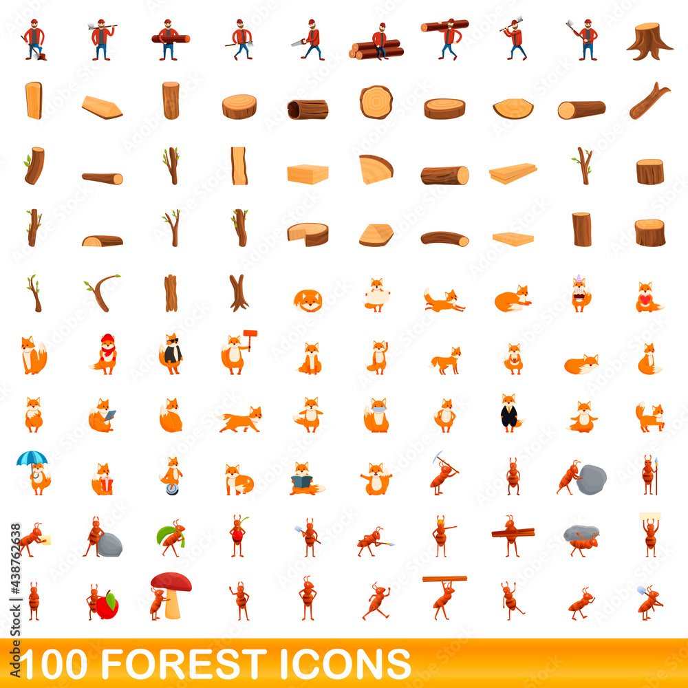 100 forest icons set. Cartoon illustration of 100 forest icons vector set isolated on white background 100 forest icons set. Cartoon illustration of 100 forest icons vector set isolated on white background