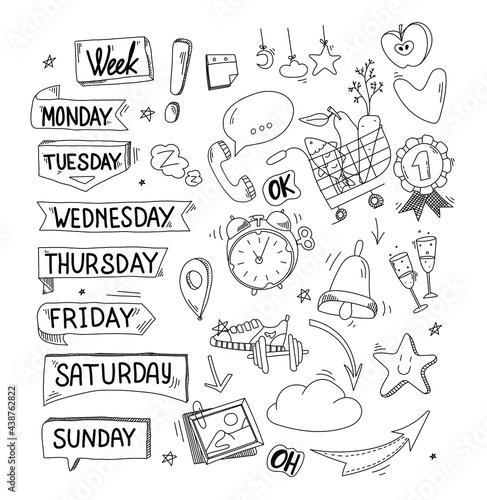 Stickers for week planner, Monday, Tuesday, Friday, Sunday. doodle and flat design. timetable collection. Set of elements for calendar. To do list elements. 