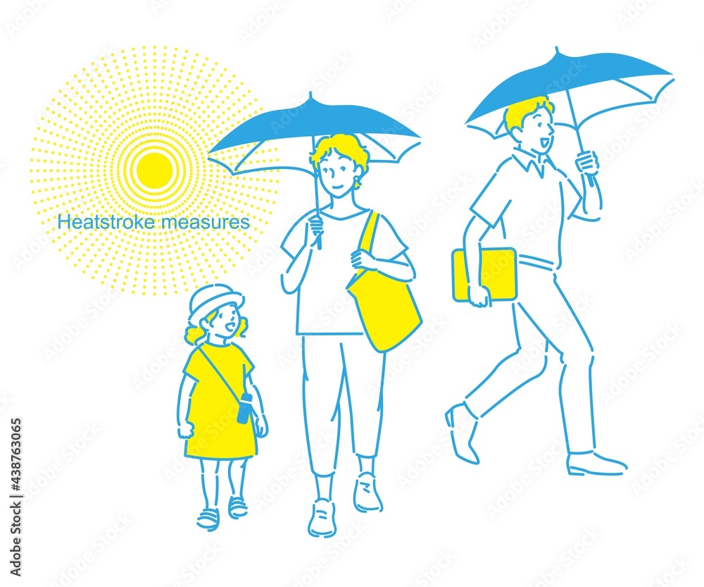 熱中症対策 日傘をさす親子と男性のイラストカット ベクター Stock Vector Adobe Stock
