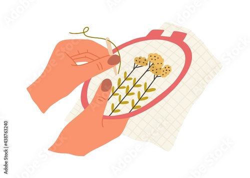 Hand with needle and thread embroidering flowers on canvas in embroidery hoop. Creation of handmade needlework in frame rings. Flat vector illustration of DIY needlecraft isolated on white