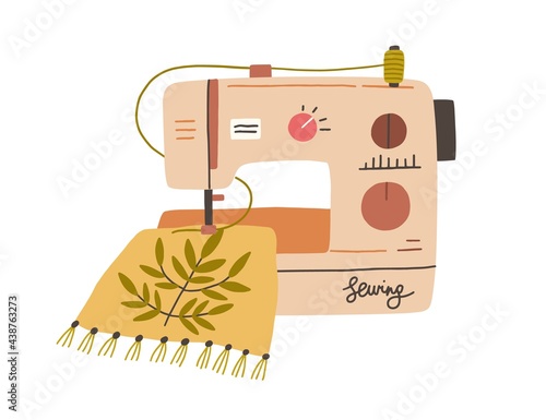 Modern embroidery machine with thread spool embroidering on canvas. process of needlework creation on sewing equipment. Flat vector illustration of fancywork isolated on white background