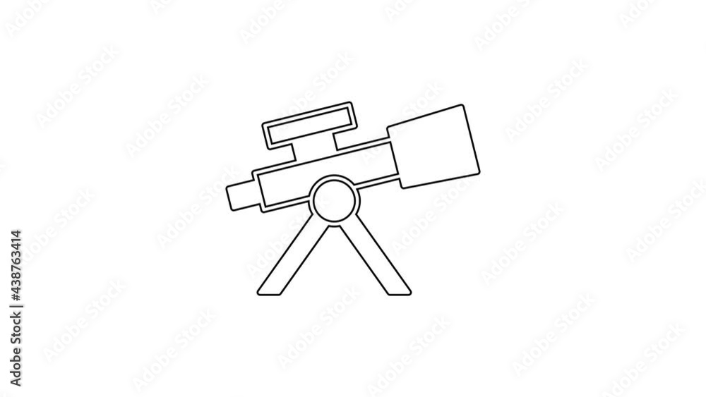 Black line Telescope icon isolated on white background. Scientific tool. Education and astronomy element, spyglass and study stars. 4K Video motion graphic animation Black line Telescope icon isolated on white background. Scientific tool. Education and astronomy element, spyglass and study stars. 4K Video motion graphic animation