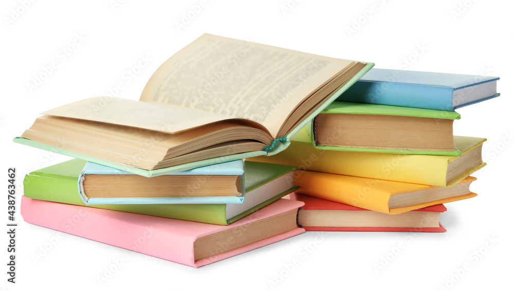Many colorful hardcover books on white background Many colorful hardcover books on white background