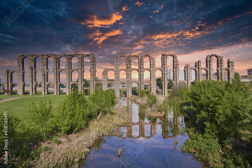 The famous roman aqueduct of the Miracles (Los Milagros) in Merida, province of Badajoz, Extremadura, Spain. Sunset in