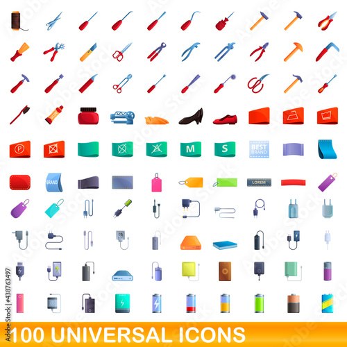 100 universal icons set. Cartoon illustration of 100 universal icons vector set isolated on white background