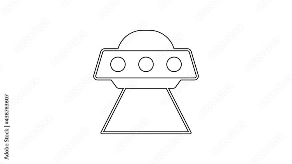 Black line UFO flying spaceship icon isolated on white background. Flying saucer. Alien space ship. Futuristic unknown flying object. 4K Video motion graphic animation