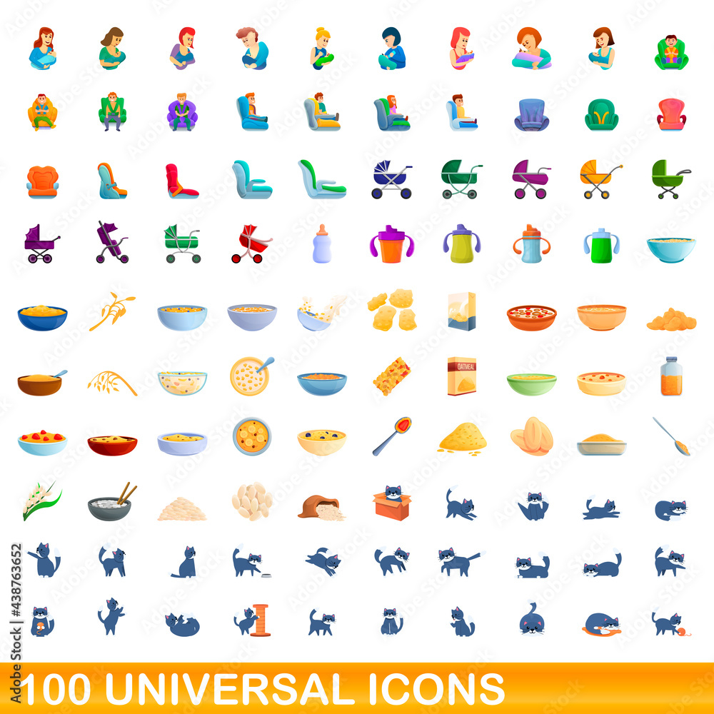 Fototapeta premium 100 universal icons set. Cartoon illustration of 100 universal icons vector set isolated on white background