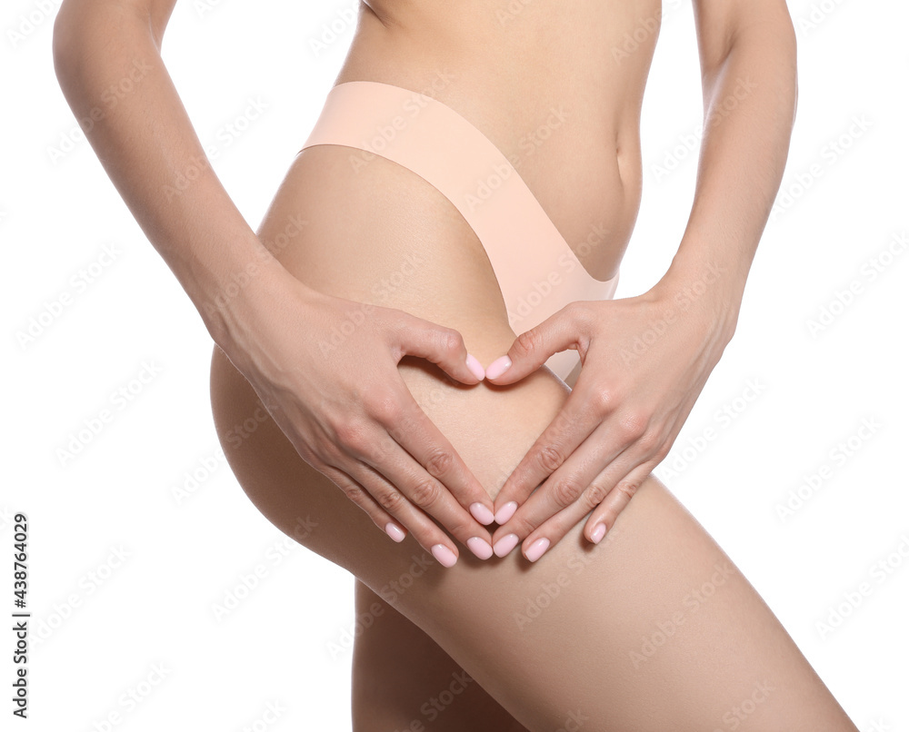 Closeup view of slim woman in underwear on white background. Cellulite problem concept