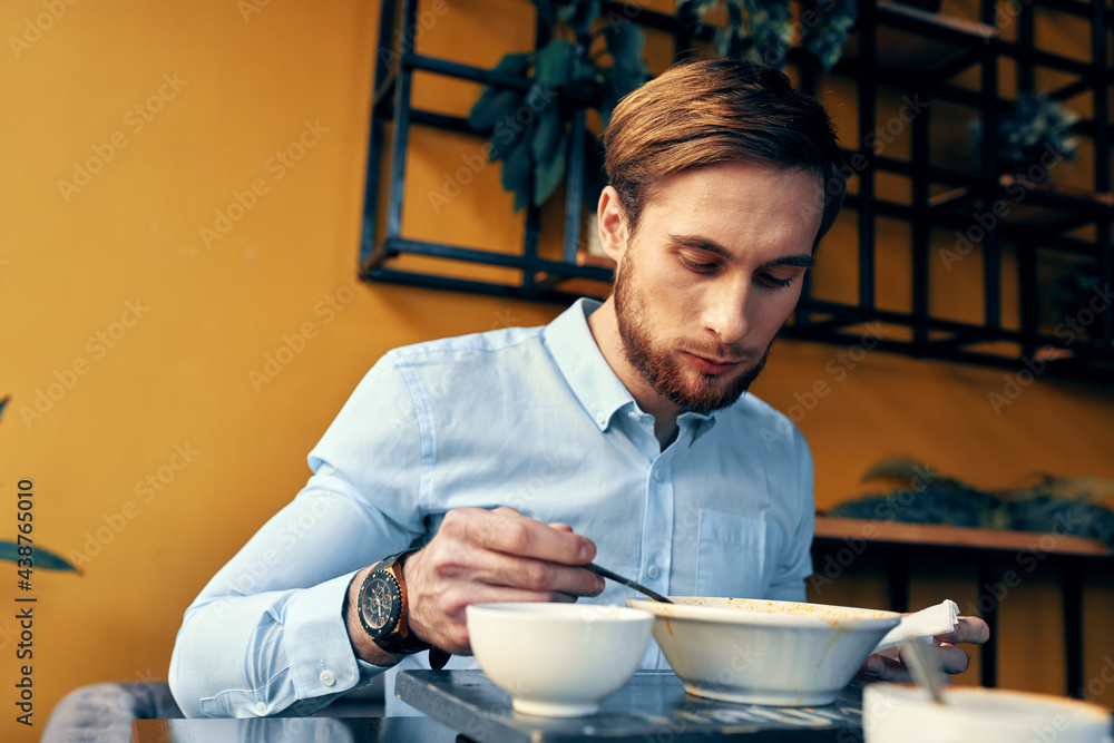 restaurant man soup and various dishes snack at work lunch break restaurant man soup and various dishes snack at work lunch break